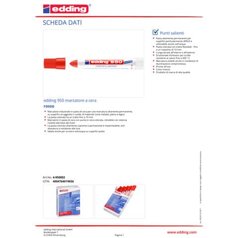 Marcatore a cera edding 950 punta conica 10 mm rosso E-950 002